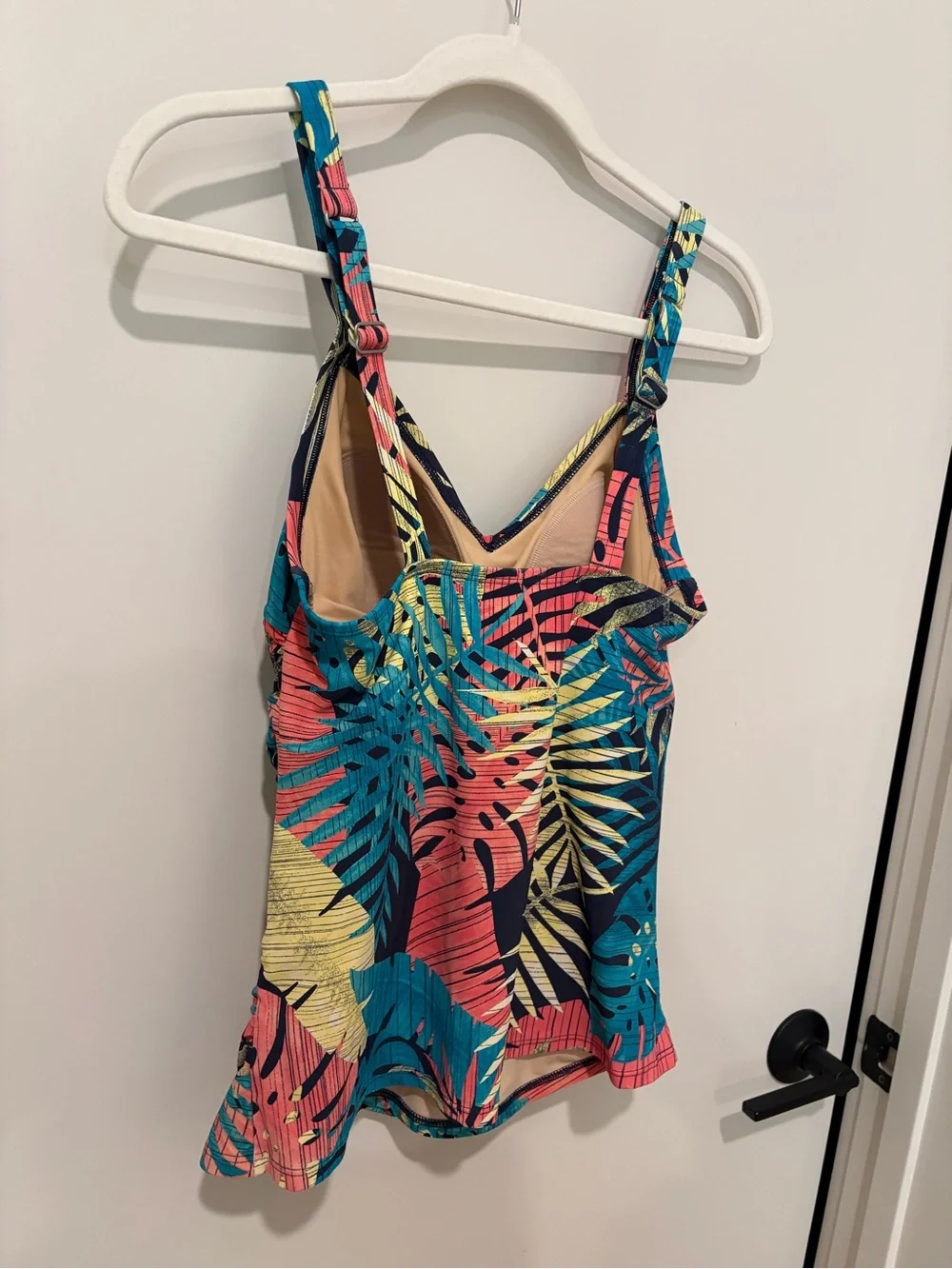 L.L. Bean UPF 50 Tankini Top Print Tropical Palm Leaf Adjustable Straps Cups 10
